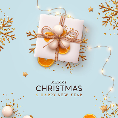 Merry Christmas and Happy New Year. Festive Xmas design realistic gift box, decorative objects. flat lay top view. Blue Christmas poster, holiday banner, flyer, stylish brochure, greeting card