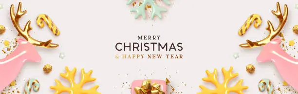 Vector illustration of Banner Merry Christmas and Happy New Year gift card. Xmas Holiday Background. Realistic 3d design, gift boxes, Christmas pink deer, decorative snowflakes and candies. Gold confetti. Vector illustrator