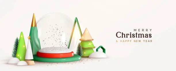 Vector illustration of Christmas and New Year festive round podium studio Glass snow round empty ball. Realistic 3d cone trees. Creative holiday template. Xmas winter composition. Banner and web poster, cover and brochure