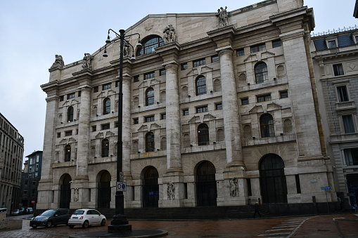 Milan, Italy - December 21, 2019: Palazzo Mezzanotte, the seat of the Italian stock exchange.
