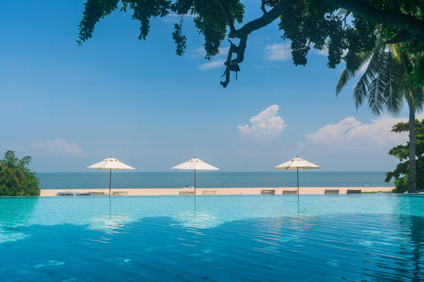 istock Infinite swimming pool next to the beach 1432067061