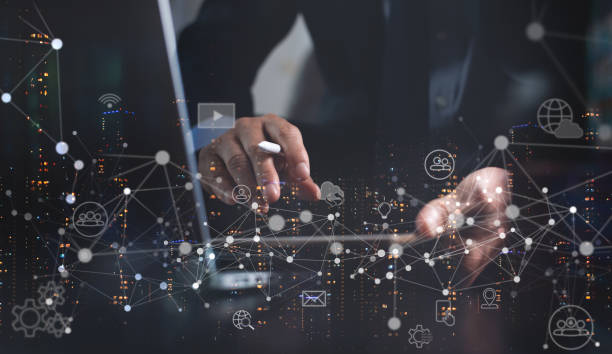 IoT Internet of Things, digital technology, global network connection, social media marketing concept. Business man using digital tablet and smart city with technology icons