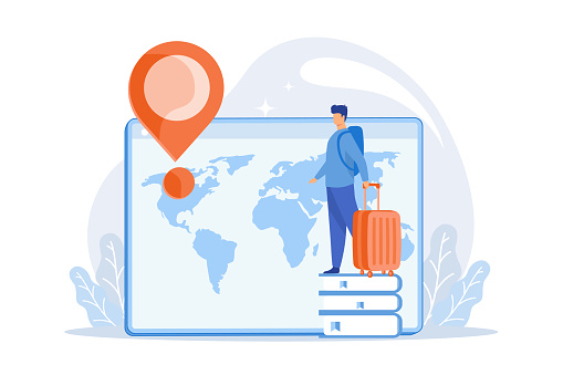 Man on holiday adventure. International tourism, worldwide sightseeing tour, student exchange program. Tourist with backpack traveling abroad. flat vector modern illustration