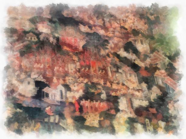 istock Landscape of ancient architecture and ancient art in Wat Suthat in Bangkok watercolor style illustration impressionist painting. 1432081837