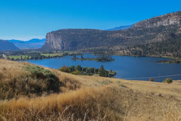 View on Vaseux Lake and McIntyre Bluff, situated between town of Oliver and Okanagan Falls, Okanagan Valley, British-Columbia, Canada