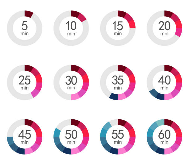 벡터 시간 진행률 표시줄 인포그래픽 요소 카운트 다운 두 번째 시계 스톱워치 막대 표시기 차트 원 흰색 배경 그림에 격리 - clock face symbol computer icon gauge stock illustrations