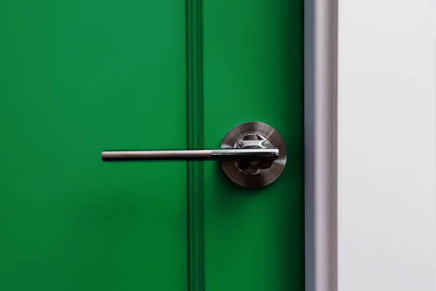 Wooden green door on white background, door with stone stairs and piers
