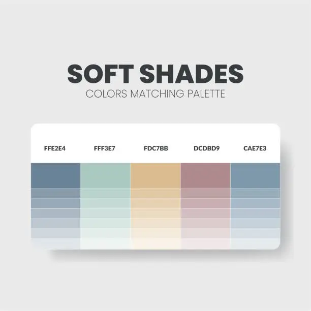 Vector illustration of Soft shades color scheme. Color Trends combinations and palette guide. Example of table color shades in RGB and HEX. Color swatch for fashion, home, interiors, design. Colour chart idea. Illustration.