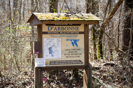 D'Arbonne National Wildlife Refuge Sign, West Monroe, Louisiana/USA  March 05 2020: Sign welcoming visitors to D'Arbonne National Refuge, Where the Animals Come First with a note on when deer hunts are legal and brochures of the refuge.