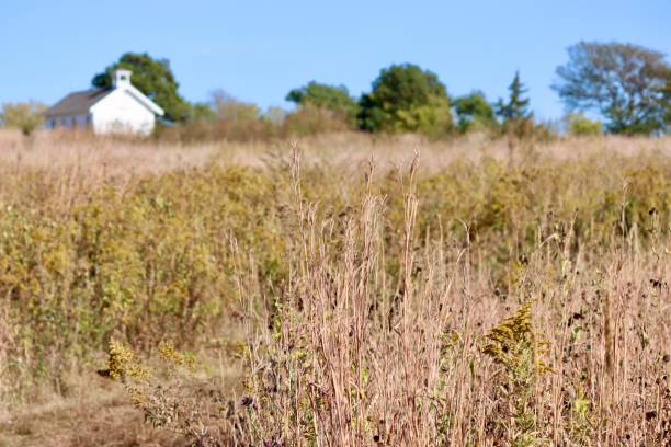 old schoolhouse on the prairie - nebraska midwest usa farm prairie imagens e fotografias de stock