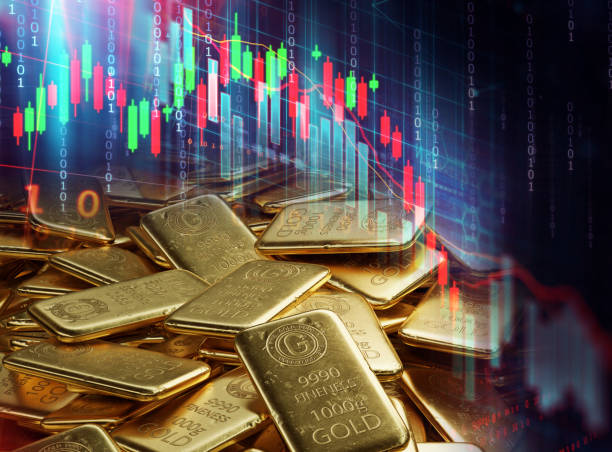 pilha de barras de ouro brilhantes em gráfico de preço de ouro financeiro 3d ilustração - min�ério metálico - fotografias e filmes do acervo