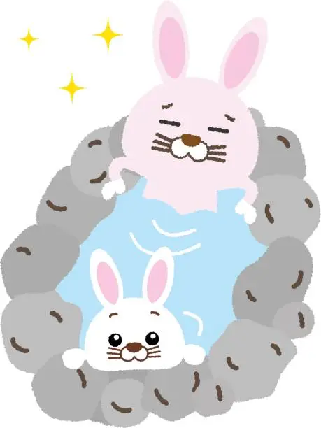 Vector illustration of A cute rabbit parent and child relaxing in a hot spring / illustration material (vector illustration)