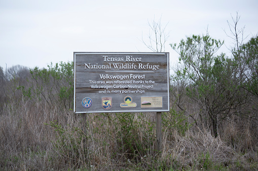 Tensas River National Wildlife Refuge, Louisiana/USA March 23 2018: Sign noting the Volkswagen Forest section of the Tensas River National Wildlife Refuge.