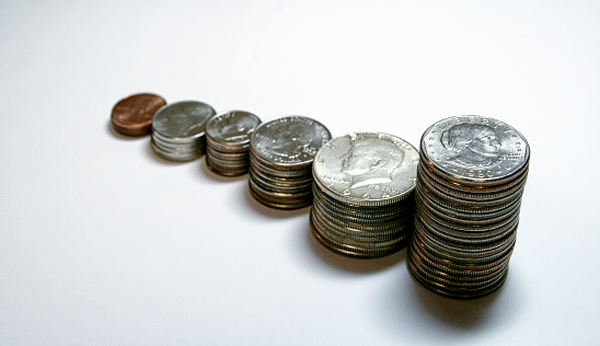 Sequential growing stacks of each USA metal coin in circulation.