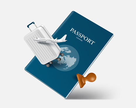 Luggage bags, model planes and brown wooden rubber stamps floating in the air on a blue passport,vector 3d idolated on white background for high season  travel concept design