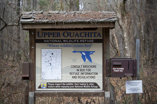 Upper Ouachita National Wildlife Refuge, Louisiana/USA  January 18 2022: Sign welcoming visitors to the Upper Ouachita National Refuge, Where the Animals Come First with a note asking visitors to respect one another and the wildlife