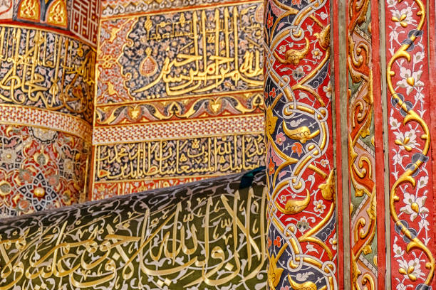 Man praying  inside a mosque with raised hands, spiritual atmosphere and islamic worship concept