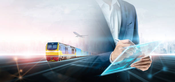 istock Business and technology digital future of cargo containers logistics transport import export concept, Double exposure business man using tablet control freight train, Modern futuristic city background 1432109577