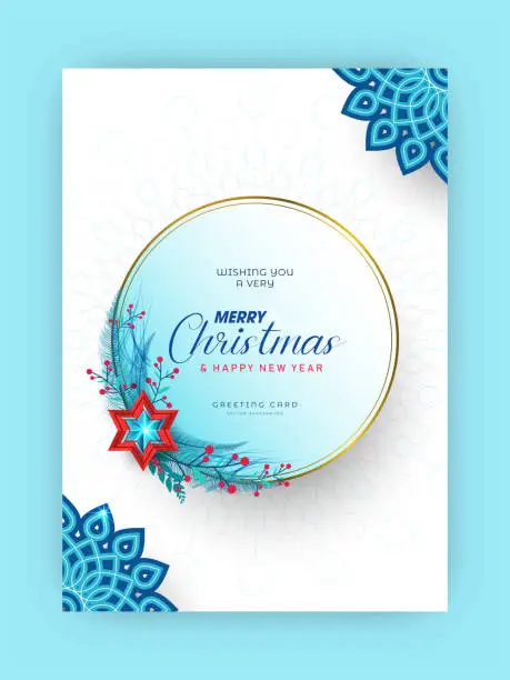 Vector illustration of Merry Christmas and Happy New Year greeting card with beautiful star and snowflakes on white background.