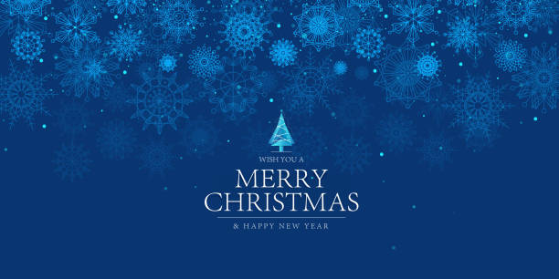 Christmas blue background design of falling snowflake Vector winter template with white snowflakes on dark blue background snowflake holiday greeting card blue stock illustrations
