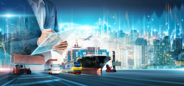 istock Business and Technology Digital Future of Cargo Containers Logistics Transportation Import Export Concept, Manager using Tablet Online Tracking Control Delivery Distribution on Map City Background 1432110683