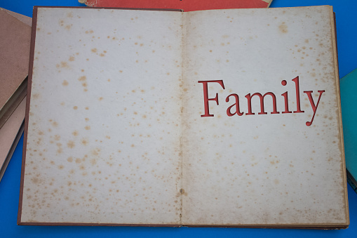 Family word in opened book with vintage, natural patterns old antique paper design.