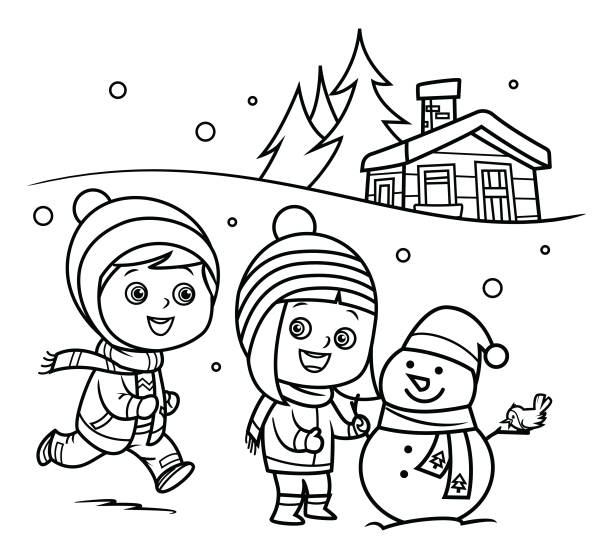 ilustrações de stock, clip art, desenhos animados e ícones de black and white, happy kids building snowman in winter - christmas christmas tree snow illustration and painting