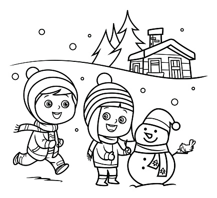 Black And White, Happy kids building snowman in winter