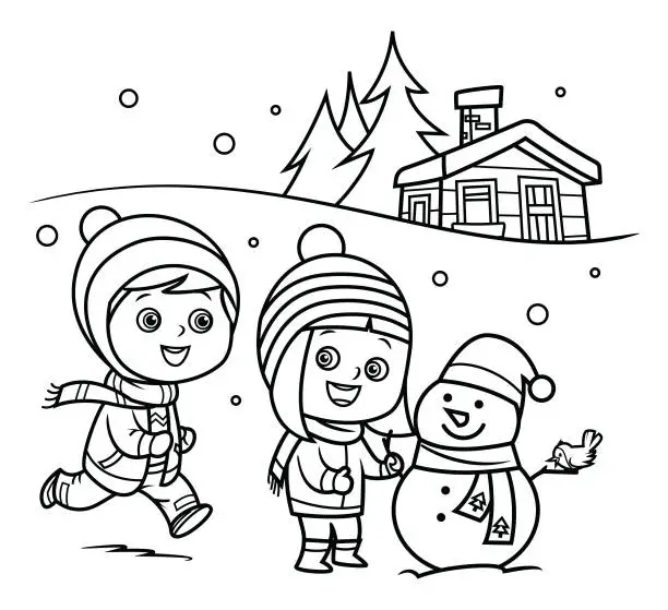 Vector illustration of Black And White, Happy kids building snowman in winter