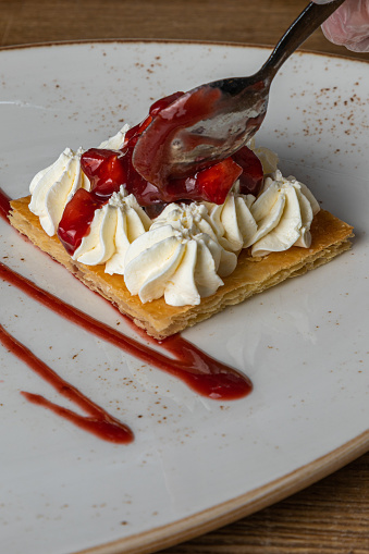 Strawberry milfoy, mille-feuille, Mushroom millefeuille - puff pastry layared