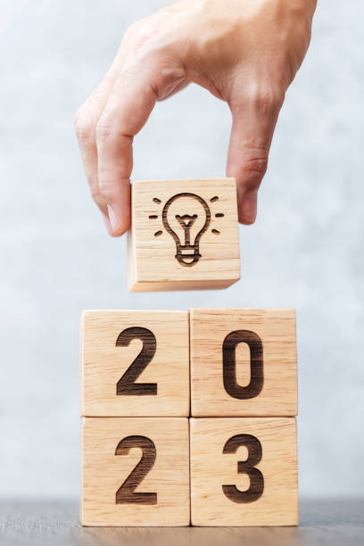 istock 2023 block with lightbulb icon. Business Idea, Creative, Thinking, brainstorm, Goal, Resolution, strategy, plan, Action, change and New Year start concepts 1432112827