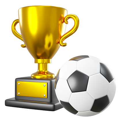 Gold trophy cup and soccer ball or football on white isolated background . Embedded clipping paths . 3D rendering .