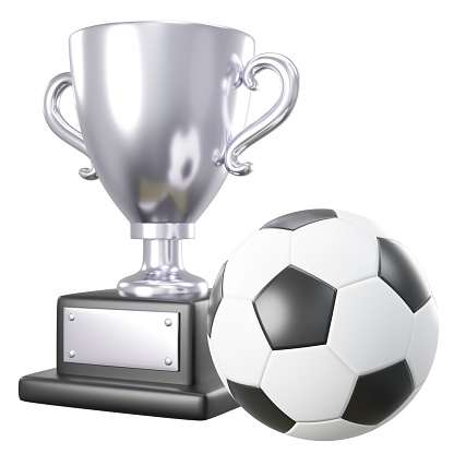 Silver trophy cup and soccer ball or football on white isolated background . Embedded clipping paths . 3D rendering .