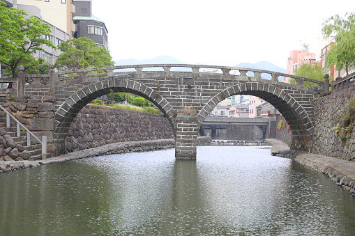 Megane Bridge is a stone double-arch bridge over the Nakajima River in Nagasaki City.\nIt is a stone bridge in the form of two semicircular arches, so named because the reflection of the bridge on the water looks like a pair of glasses.