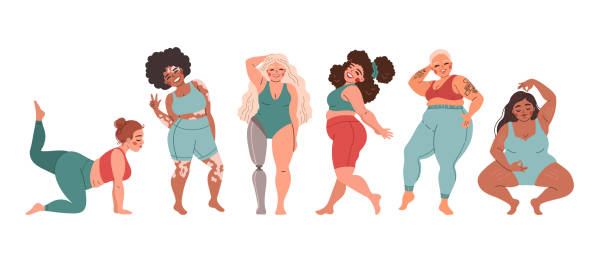 ilustrações, clipart, desenhos animados e ícones de coleção de mulheres positivas no corpo. ilustração vetorial de mulheres bonitas de diversas etnias, e tipos de corpo, em roupas íntimas casuais - modelo plus size