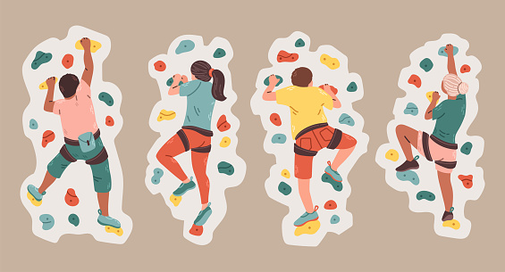 Set of men and women climbers on a wall in a climbing gym isolated on grey background vector illustration