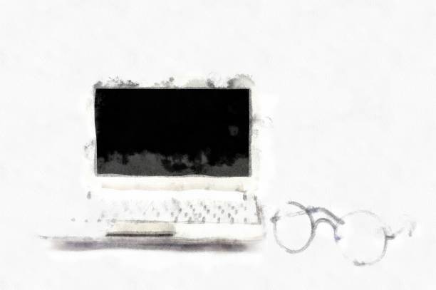 istock Notebook computer and glasses on white background. Watercolor painting. Impressionist style. 1432122496