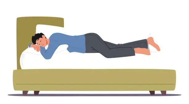 Vector illustration of Dreamy Male Character Sleeping In Relaxed Pose Lying On Bed And Hugging Pillow Side View. Bedding Time, Sleep Or Nap