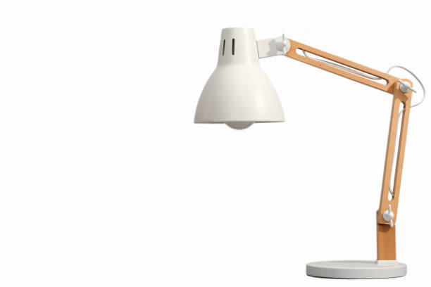 istock White Desk lamp with wooden stand isolated. Design element. Lighting for room, workplace. 1432124242