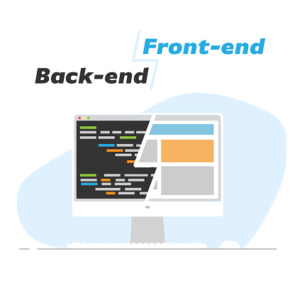 Back-end and front-end development comparison on one screen. Working space with computer. On monitor coding back end and front end design site or app layout. Vector flat style banner.
