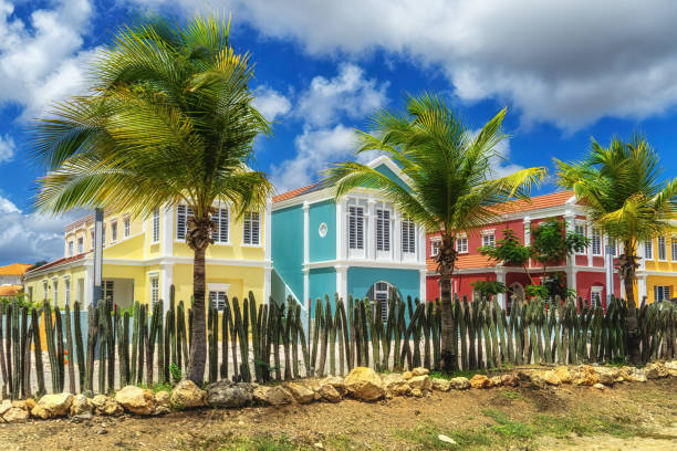 Brightly colored residential tropical home in Bonaire, Dutch Antilles