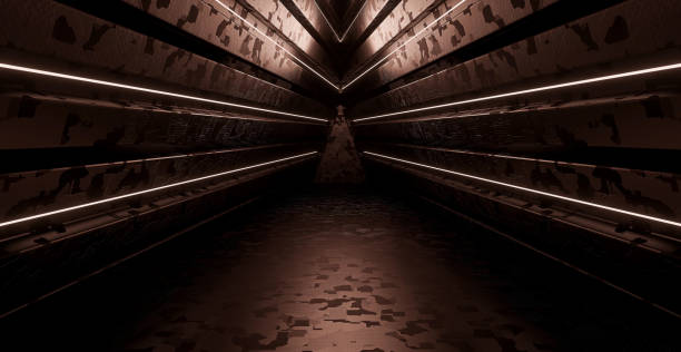 istock Sci-Fi Metallic Basement Underground Hall Spotlight Silver Gray Banner Background With Space For Products For Product Backgrounds Presentation 3D Rendering 1432124781