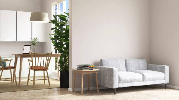 istock White empty blank wall and modern and luxury design kitchen with dining table, counter and cabinet with sofa in living room 1432125395