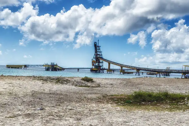 Conveyor belt for salt transportation as pier in sea on Bonaire