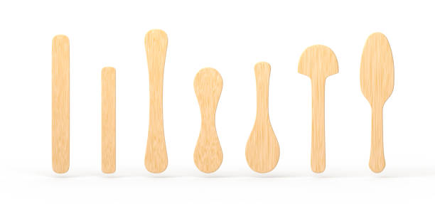 istock Wooden popsicle sticks different shapes and sizes on white background, 3D render. Wood craft elements set for holding ice cream, tongue depressor for throat medical examination 1432129383