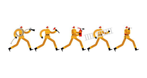 Firefighter set run to fire. Fireman running. Fire extinguishing vector art illustration
