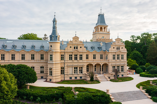 Aerial view about the period-correctly renovated Wenckheim Palace at Szabadkígyós, Hungary.