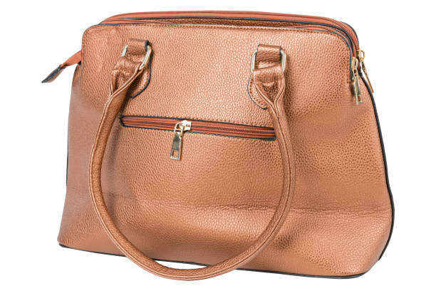 istock Brown shiny leather women's bag, with a zipper, on a white background 1432131368