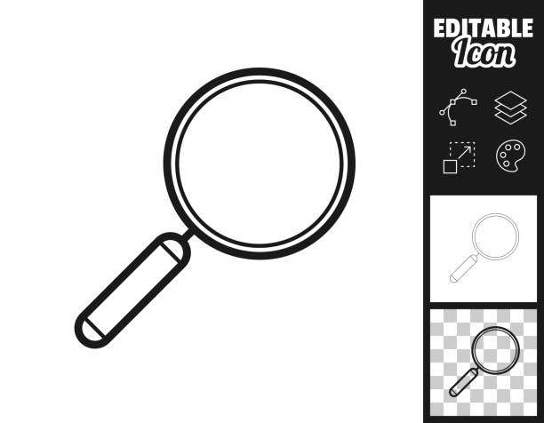 Magnifying glass. Icon for design. Easily editable Icon of "Magnifying glass" for your own design. Three icons with editable stroke included in the bundle: - One black icon on a white background. - One line icon with only a thin black outline in a line art style (you can adjust the stroke weight as you want). - One icon on a blank transparent background (for change background or texture). The layers are named to facilitate your customization. Vector Illustration (EPS file, well layered and grouped). Easy to edit, manipulate, resize or colorize. Vector and Jpeg file of different sizes. eye test equipment stock illustrations