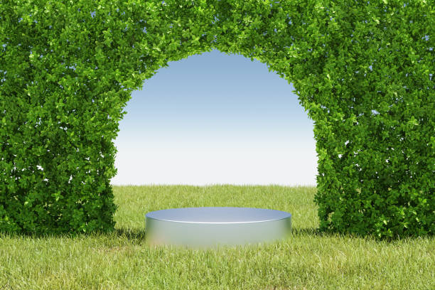 istock 3d render platform and Natural podium background on the grass field with green leaf arch door for product display, Blank showcase, mock up template or cosmetic presentation with empty round stage 1432136409